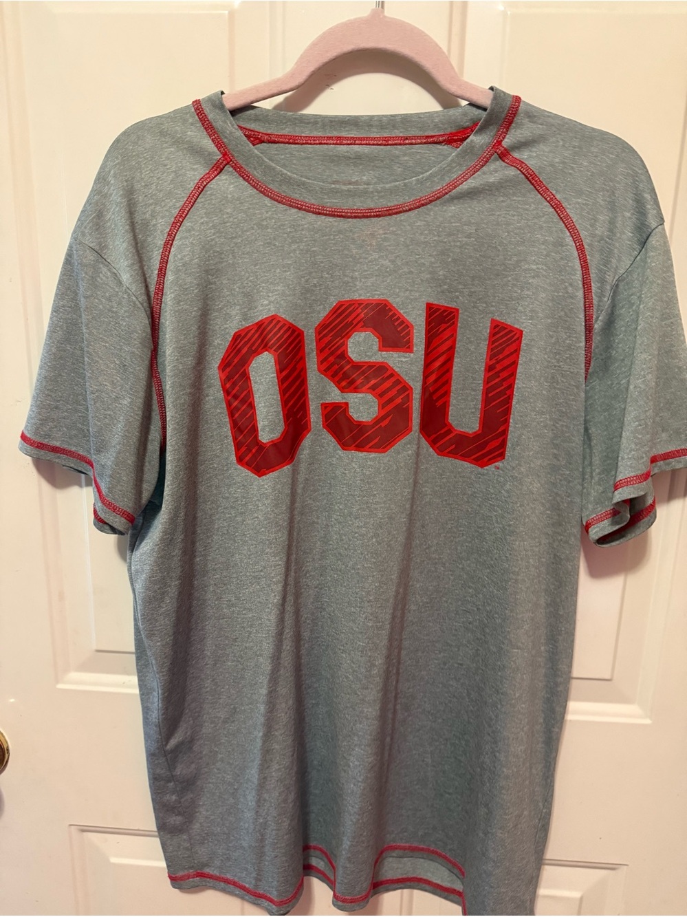 Men’s Gray Short-Sleeve OSU Logo Shirt with Red Trim size large. Dri-fit